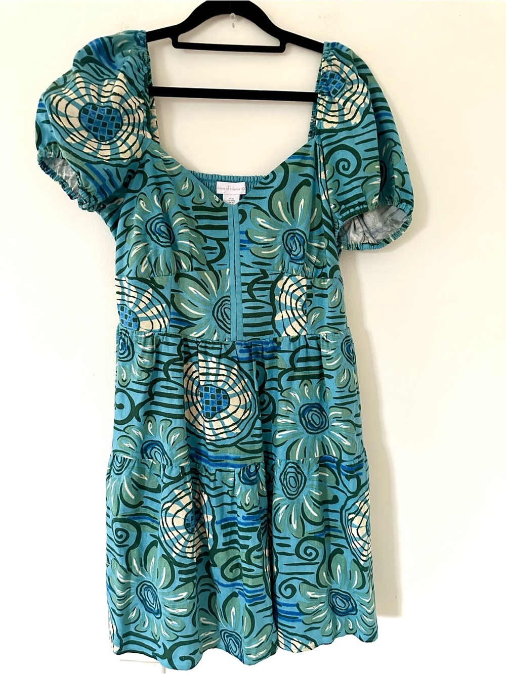 House of Harlow Linen Blend Puff
Sleeves Blue Print Floral Mini
Dress